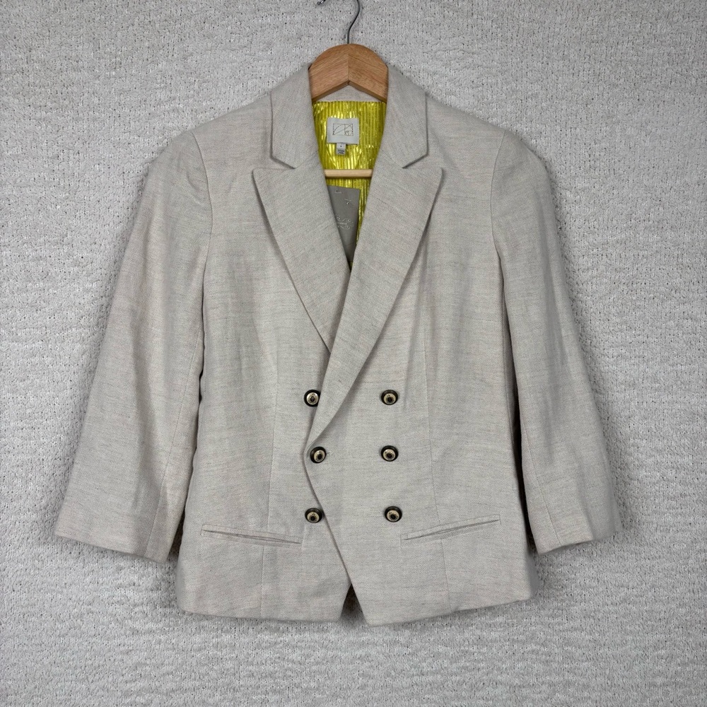 Anthropologie Blazer Womens 2 Cream Double Breasted Lined Padded 3/4 Sleeve